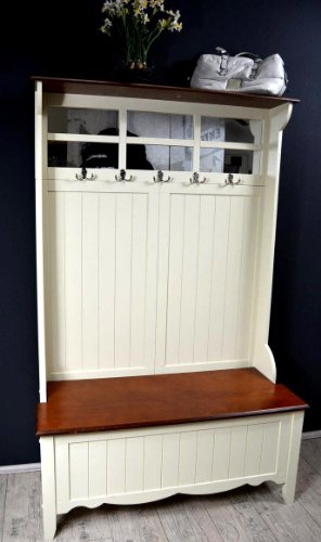 Garderobe mit Sitzbank Truhe Sitztruhe Wandgarderobe Haken Creme Weiß SP