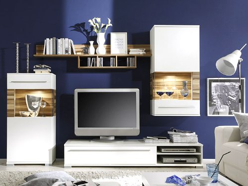 Wohnwand Weiss Walnut 251x185x47cm inkl. Beleuchtung, Schrankwand Anbauwand, Wohnzimmer Veith