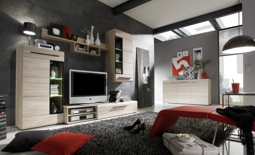 Wohnwand Anbauwand Schrankwand Wohnzimmer Schrank Carlys Eiche Sägerau