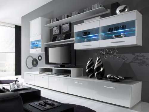 Wohnwand VITRINE WOHNZIMMER Schrankwand Anbauwand Logo WEIß HOCHGLANZ NEU