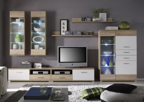 moderne Wohnwand in Eiche Sonoma weiss inklusive LED Beleuchtung