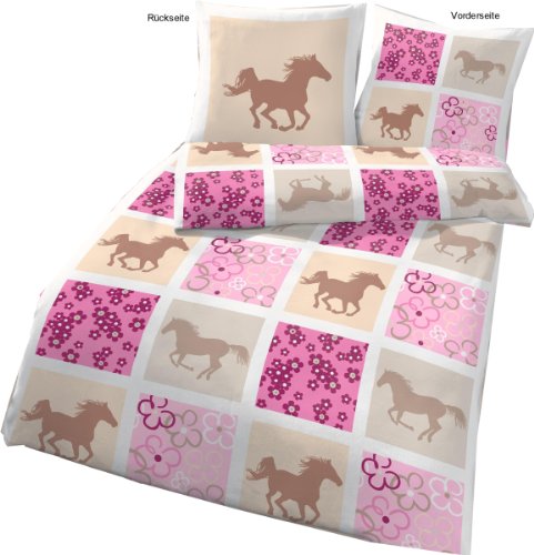 Feinbiber Kinder Bettwäsche 135x200 cm 47757-209 Pferde rosa Markenware von IDO Homewear