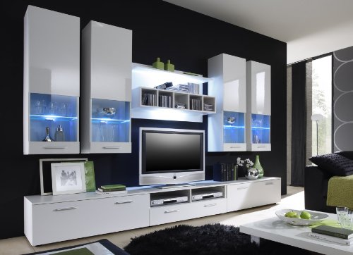MODERNE WOHNWAND VITRINE ANBAUWAND WOHNZIMMER MÖBEL WEIß GLANZ
