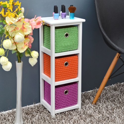 Kommode Nachttisch Schrank 62 cm Höhe Bad Regal Weiß mit 3 Körben in Orange Lila Grün für Kinderzimmer, Büro, Bad, Flur und Babyzimmer